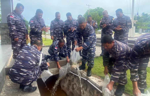 Danlanal Bintan Tabur Ikan Nila, Lawan Jentik Nyamuk dengan Cara Alami