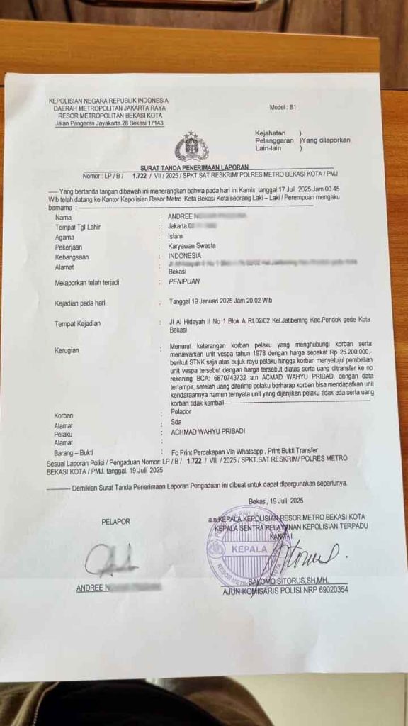 Pemilik Bengkel Vespa DK Brotherscoot Dilaporkan ke Polisi atas Dugaan Penipuan 1 Foto Istimewa 211