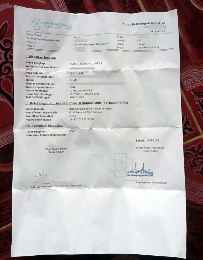 RS Ananda Tambun Selatan Klarifikasi Soal Klaim Kematian Pekerja di SPBU 34-17120 1 Foto Istimewa 216