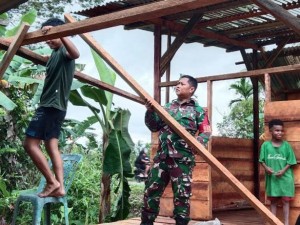 Babinsa Mapurujaya Turun Tangan Membantu Warga Dirikan Rumah