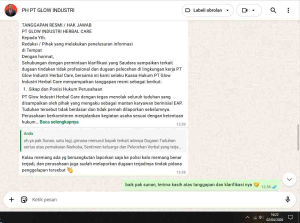 Hak Jawab PT Glow Industri Herbal Care Soal Pemberitaan Dugaan Tindakan Pelecehan di lingkungan kerja
