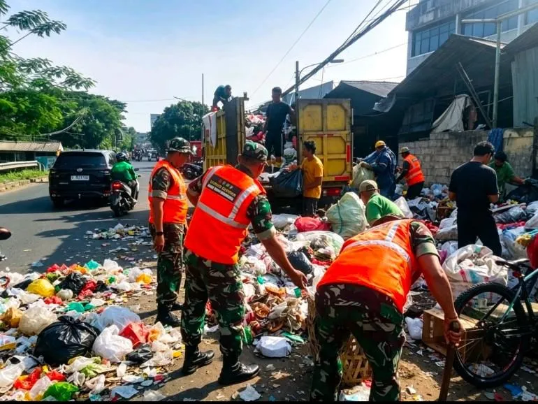 Satgas Sampah Koramil Ciputat Bersihkan Pasar Tangani Darurat Sampah